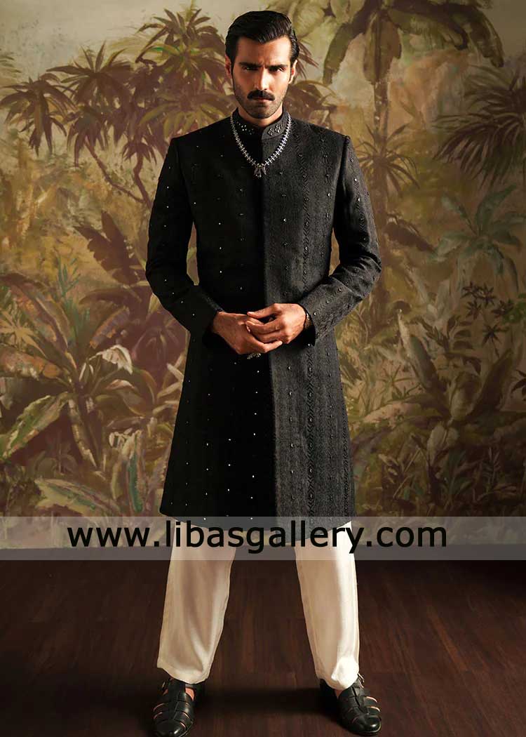 Black Embroidered Sherwani with Zardozi Work