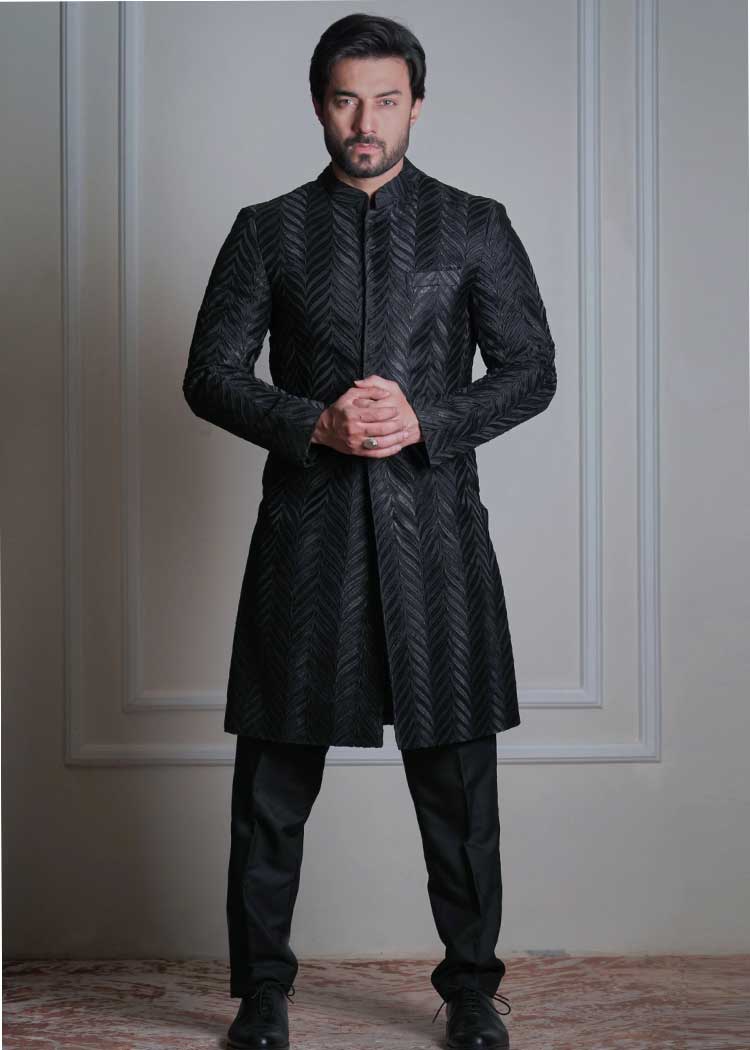 Black Geometric Pattern Groom Embroidered Wedding Sherwani