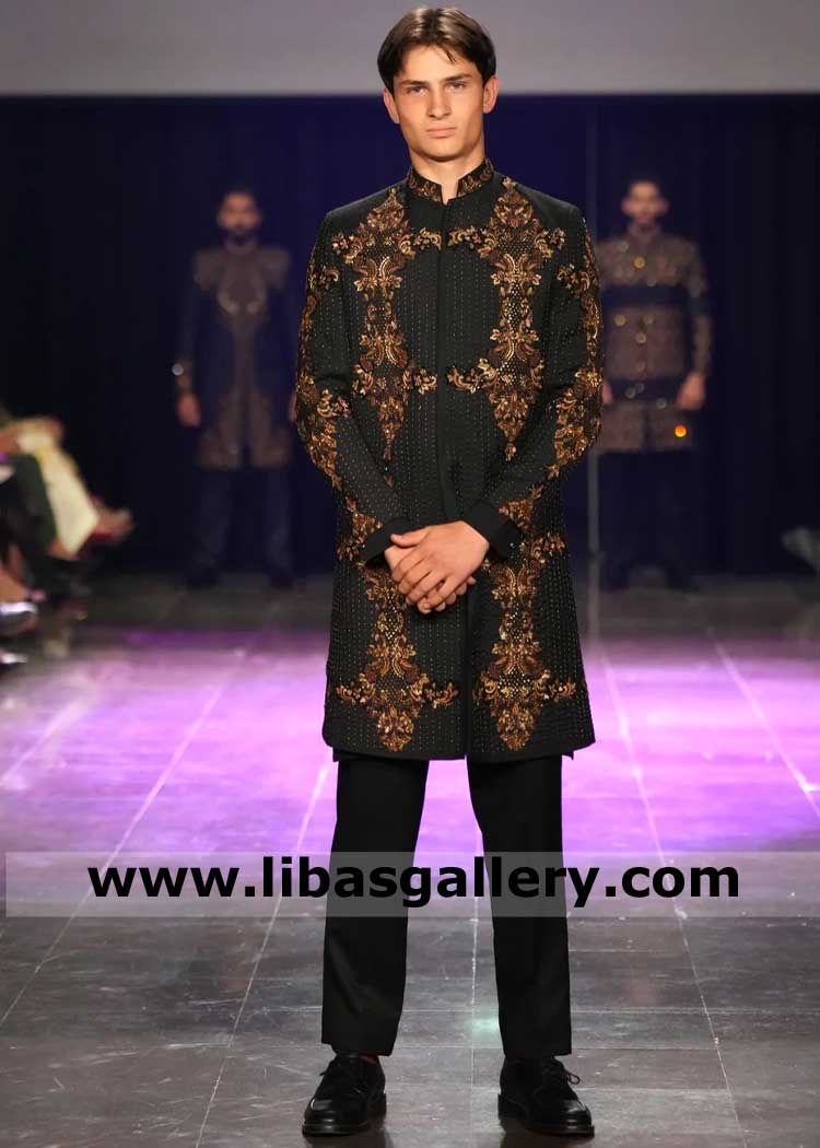 Black Gold Embroidered Groom Sherwani