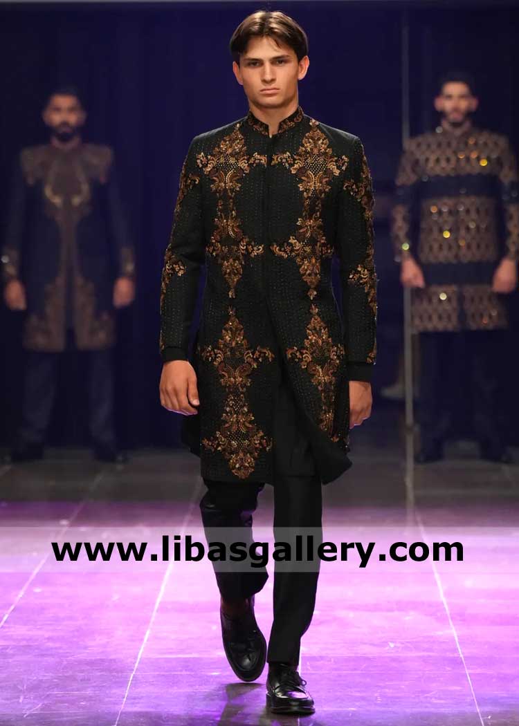 Black Gold Embroidered Groom Sherwani