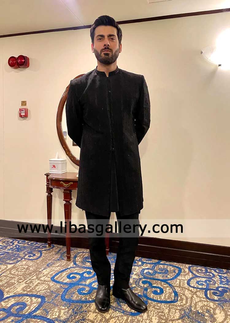 Black Self Embroidered Embellished Groom Nikah Sherwani Style