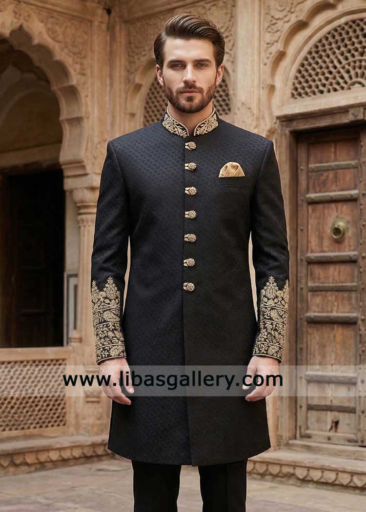 Luxury Black Groom Sherwani with Gold Hand Embroidery