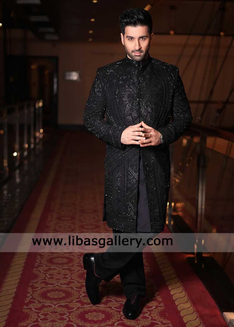 Luxury Black Wedding Sherwani Hand Embellished for Nikah