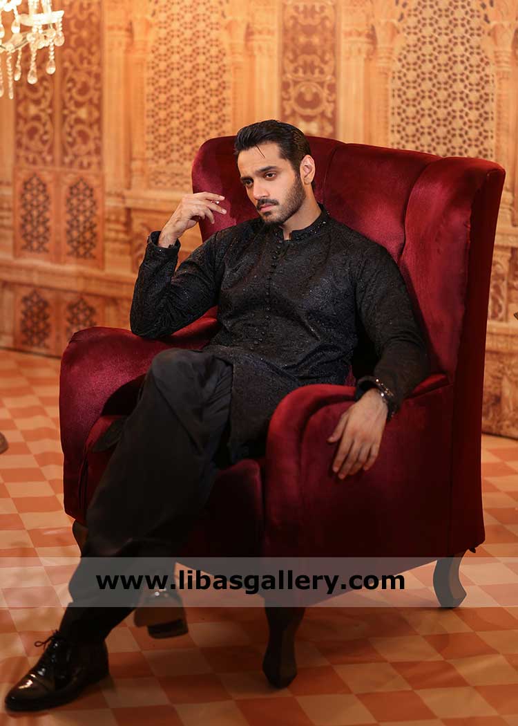 Black hand embellished men kurta for engagement, black gents kurta shalwar suit with shawl UK USA Canada Dubai Australia Norway Qatar