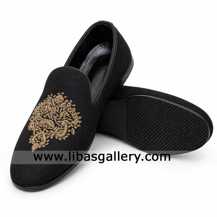 Black hand made loafers with gold embroidery in jamawar for groom with floral paisley Motif UK USA Canada Dubai Australia