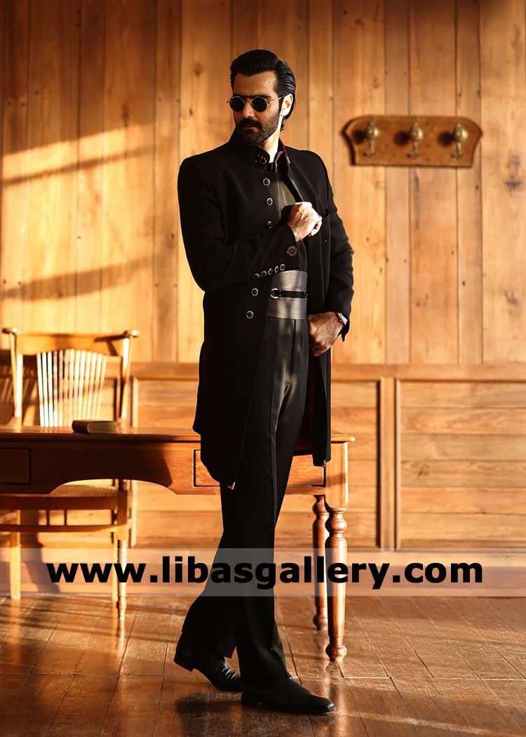 Black Suiting fabric modern wedding sherwani for groom nikah day paired with pants Orlando Washington California USA