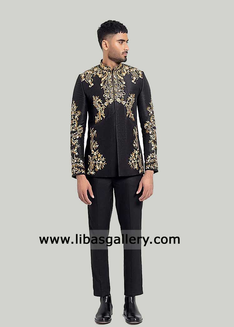 Black Wedding prince coat for Groom | Intricate Gold Embroidery Prince Jacket for men | Prince coat with Inner Shirt and pants