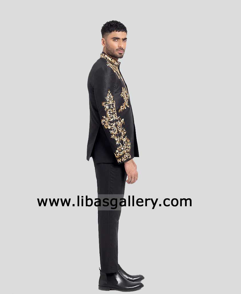 Black prince coat with intricate Gold Embroidery