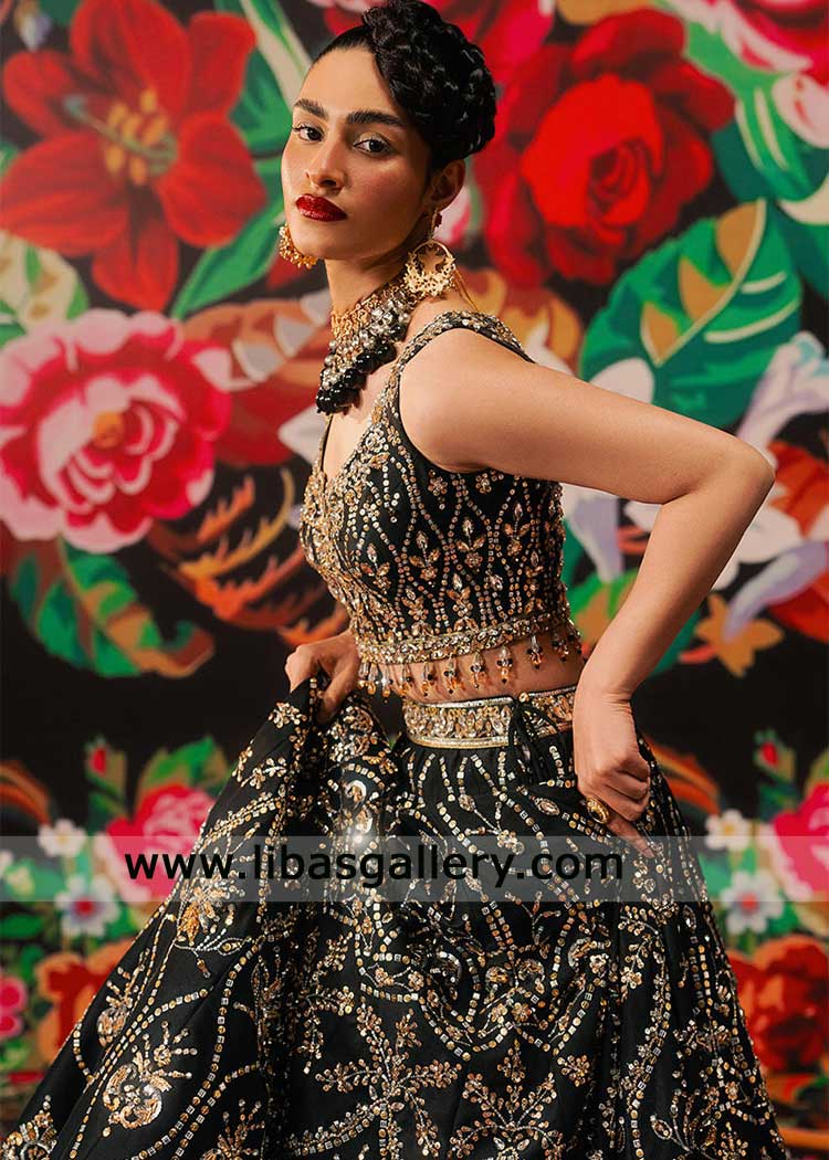 Black luxury raw silk hand embellished lehenga Choli