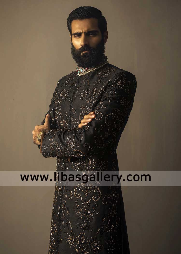 Black Wedding Sherwani Hand Embellished with Damask Motifs