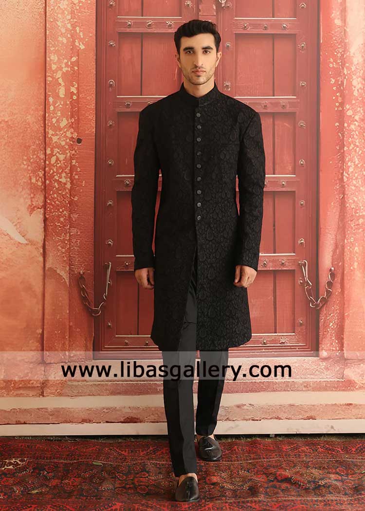 Black luxury self woven groom formal occasion sherwani