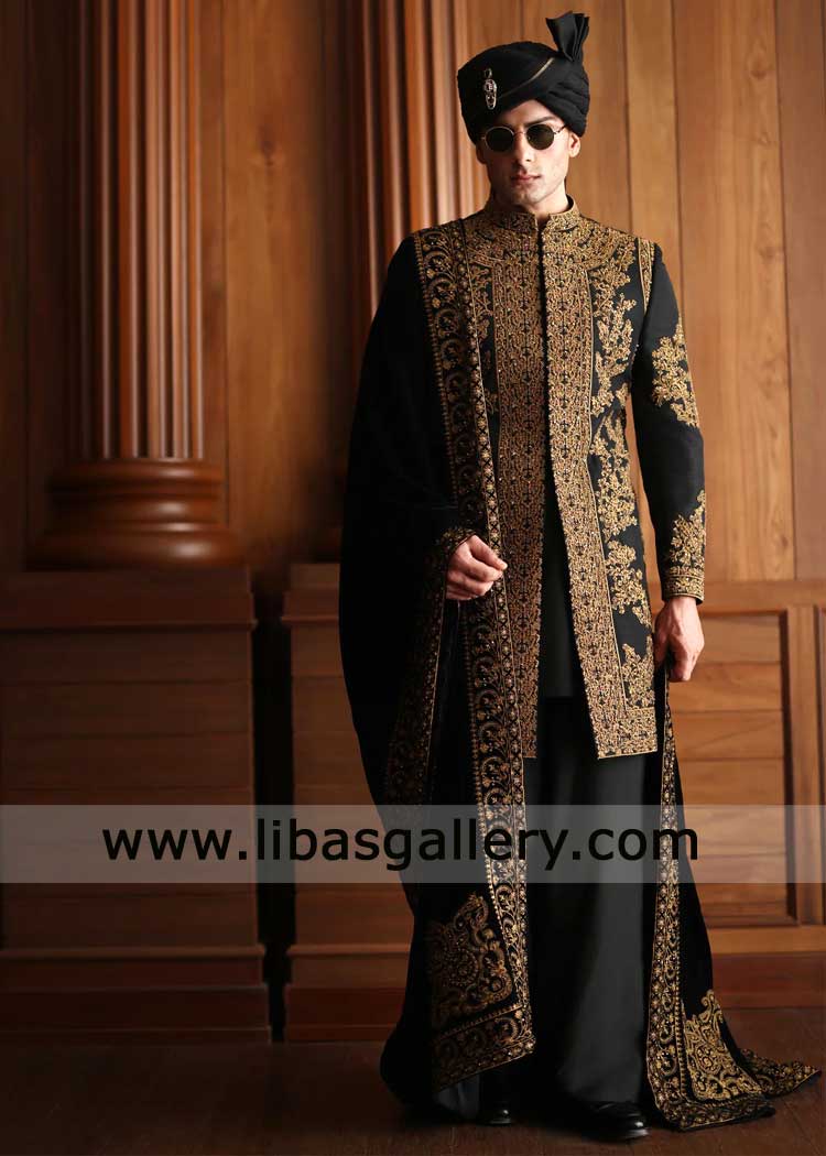 Black Gold embroidered Short Length Groom Sherwani