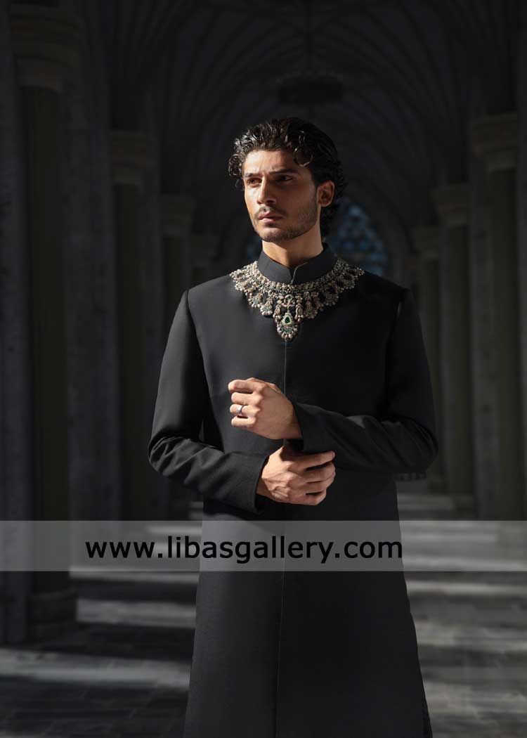 Black plain suiting fabric sherwani design