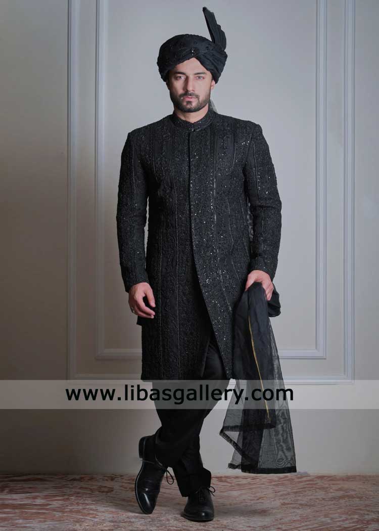 Black Embroidered Groom Sherwani with Intricate Hand Embellishment