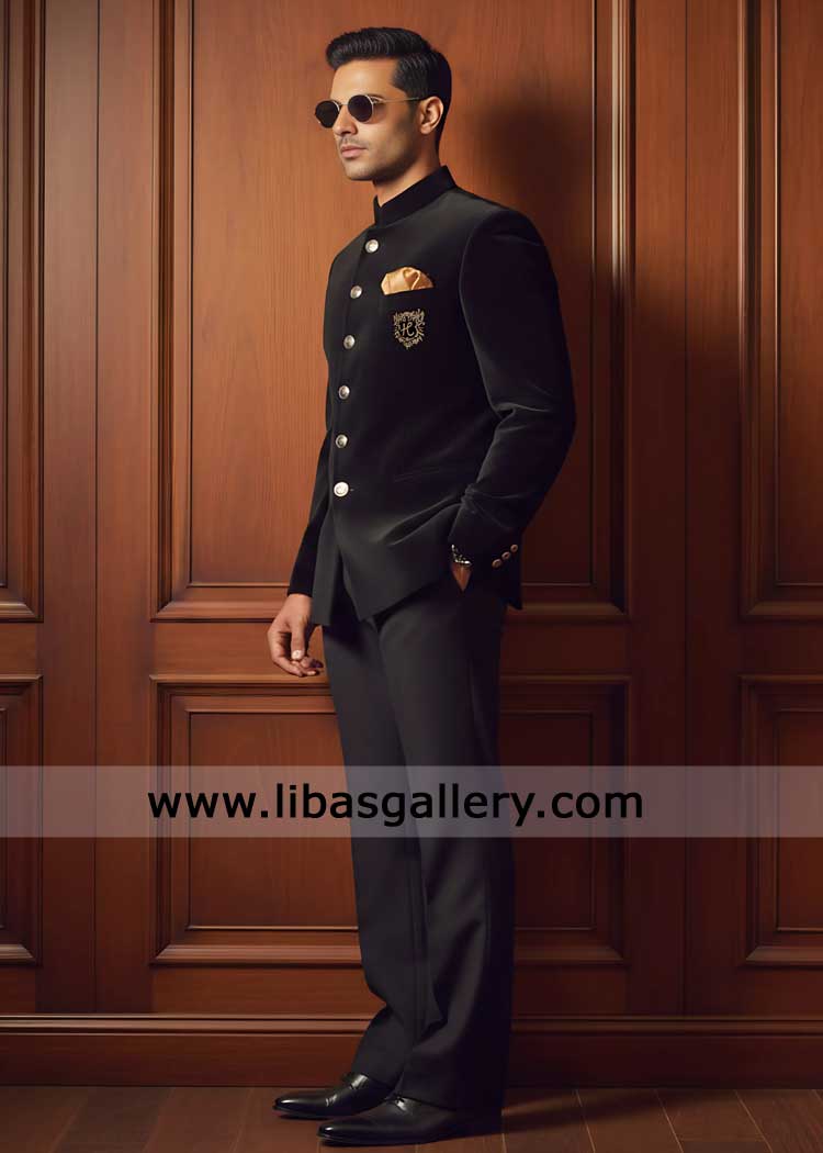 Rich Textured Black Velvet Prince Coat for men