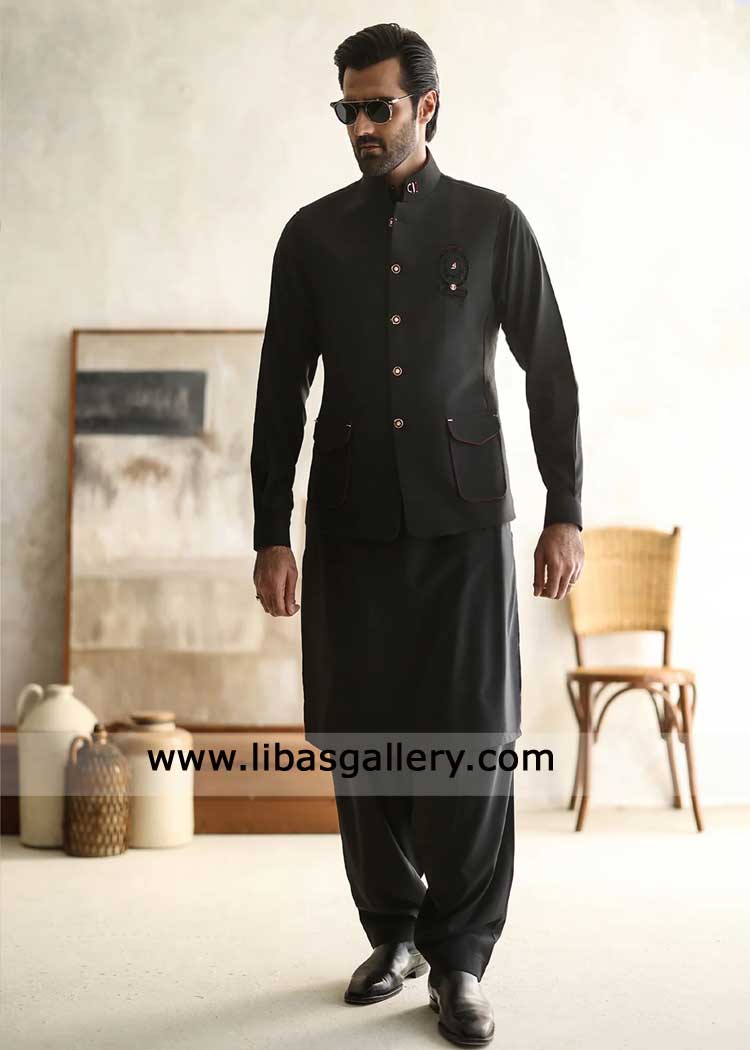 Black Suiting waistcoat for men with motif Embroidery