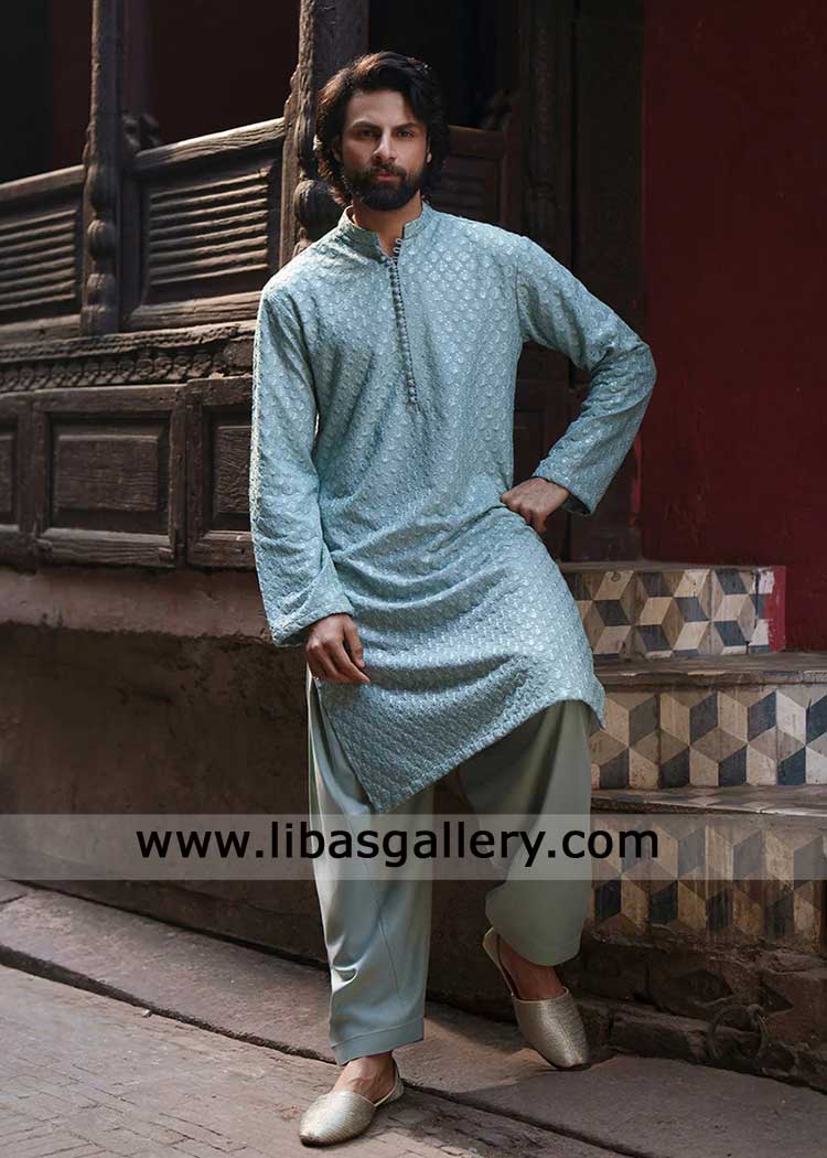 Heritage powder blue embroidered karandi men kurta with plain shalwar set for special occasion and VIP events Phoenix Brisbane Dubai Vancouver