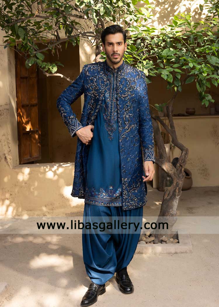 Pakistani Blue wedding Sherwani with intricate embroidery Dubai UAE