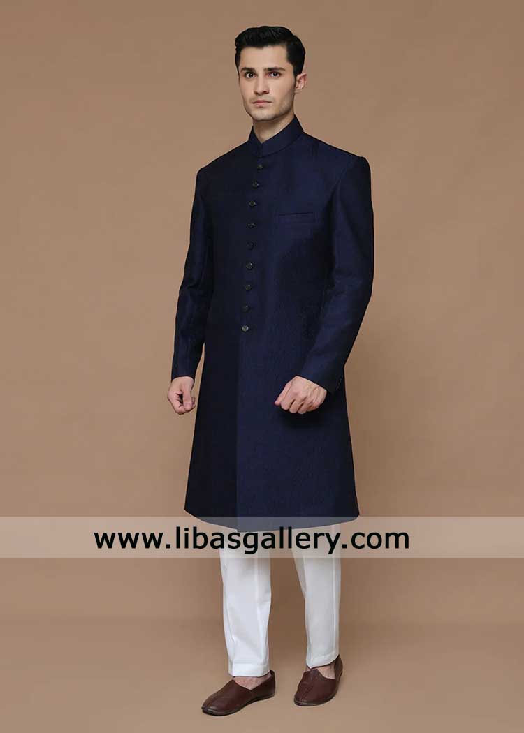 Blue Karandi Jamawar Plain Groom Sherwani for Nikah- California USA