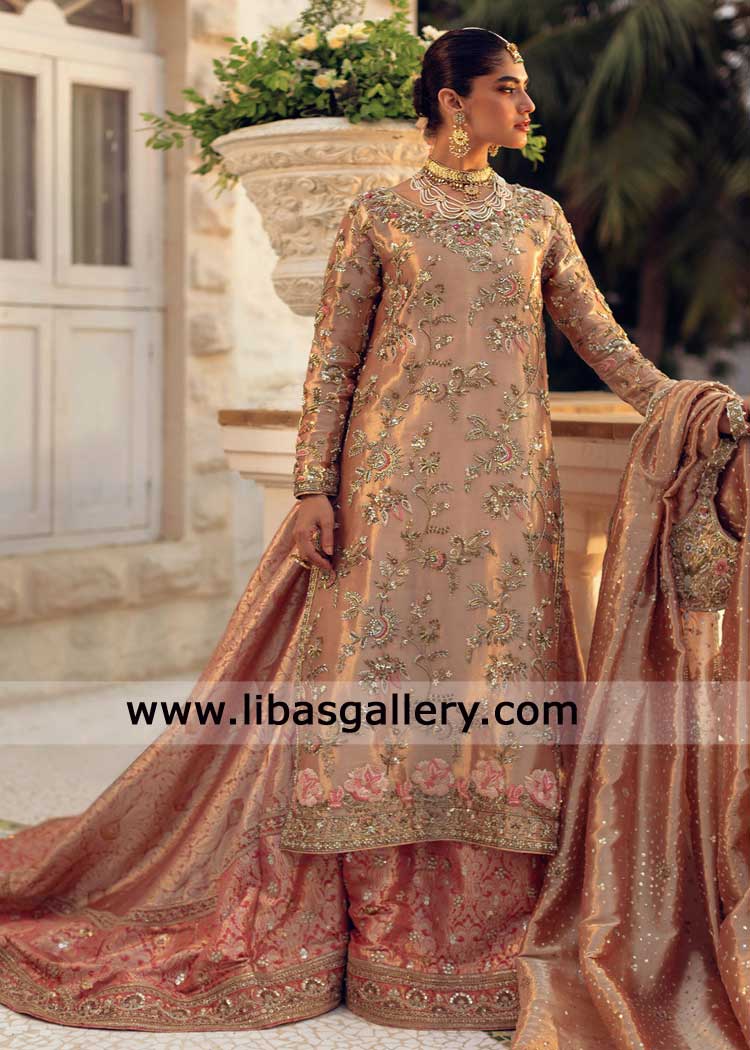 Blush gold bridal with brocade lehenga and dupatta