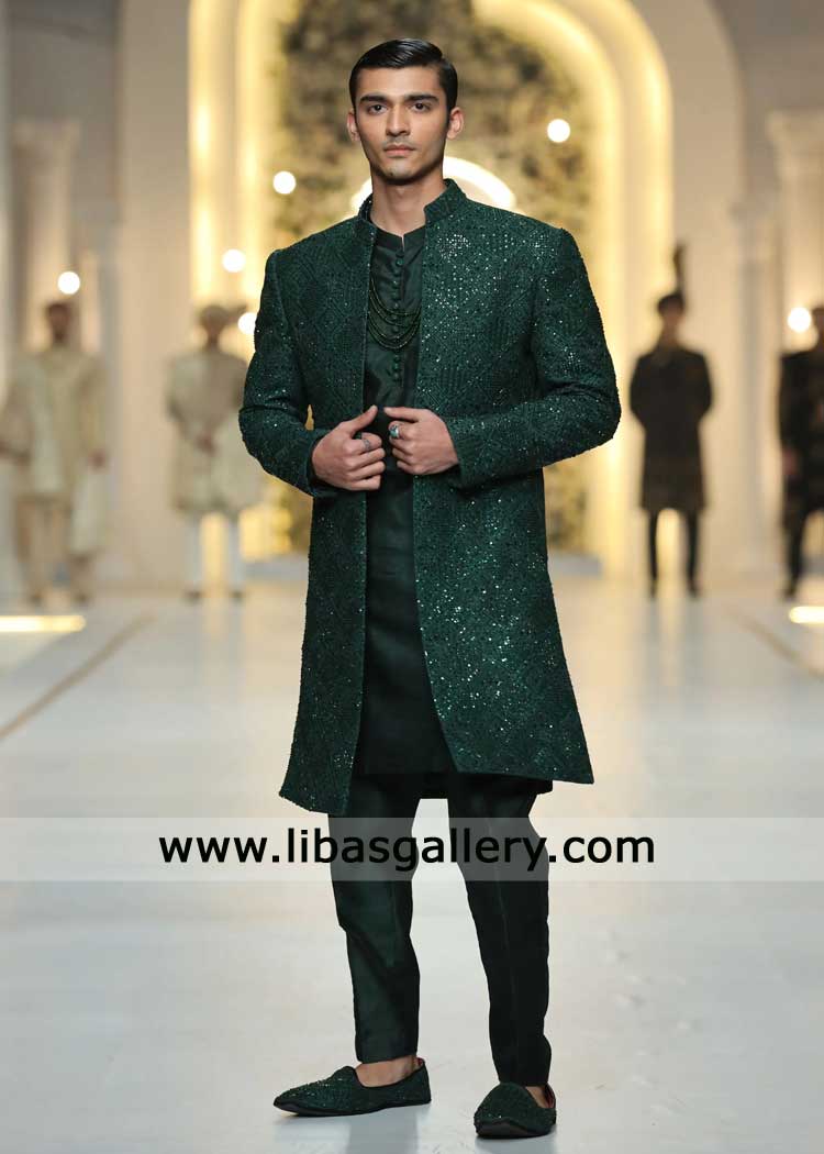 Bottle Green hand Embroidered Luxury Groom Sherwani