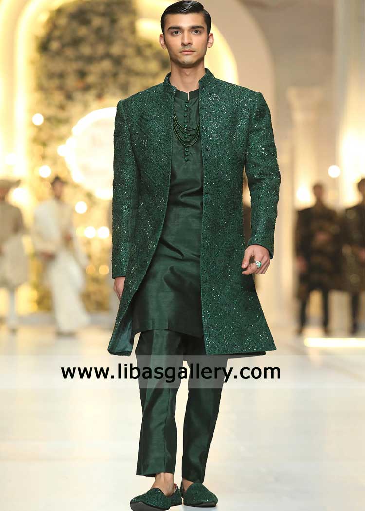 Bottle Green hand Embroidered Luxury Groom Sherwani