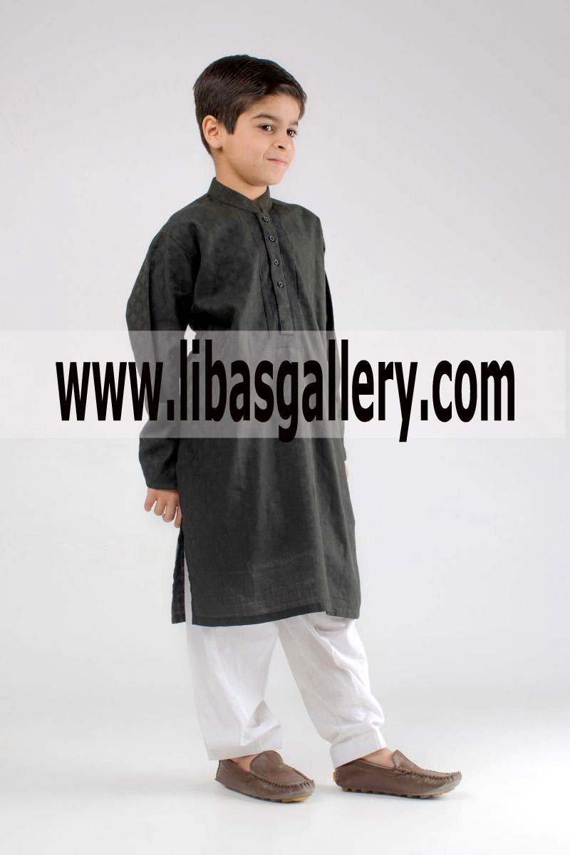 Black Kids Kurta Embroidered with Shalwar