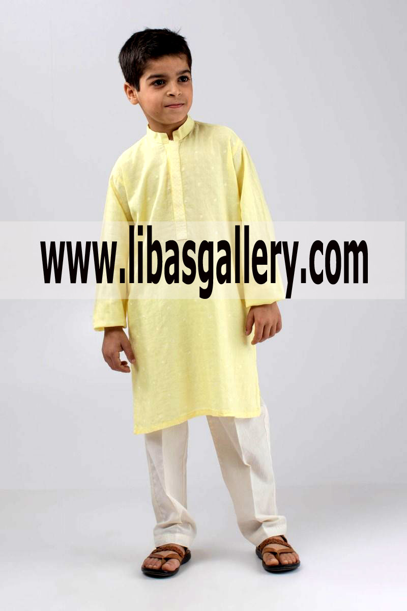 Light yellow Boys kurta with white Shalwar