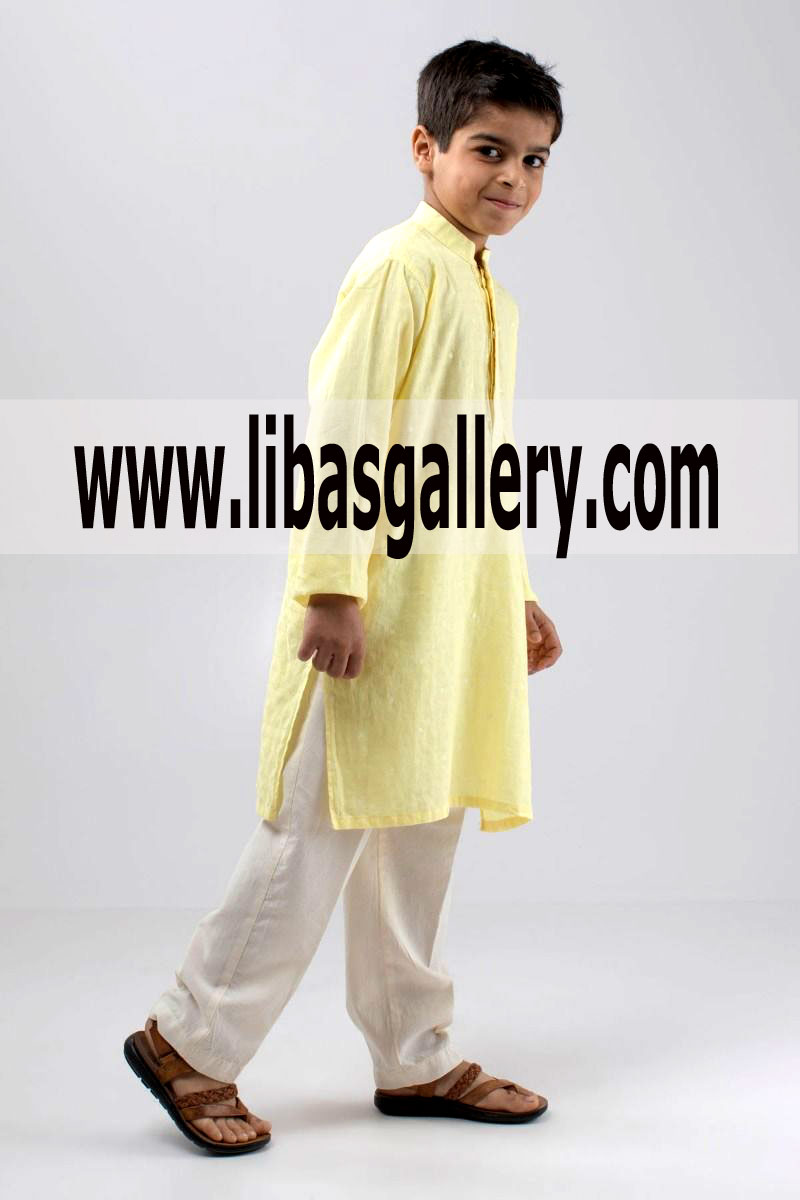 Light yellow Boys kurta with white Shalwar