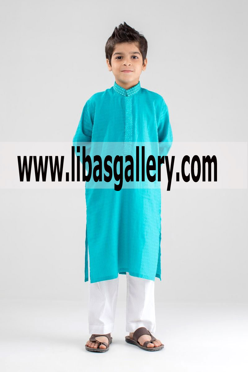 Embroidered Collar Blue kids kurta 