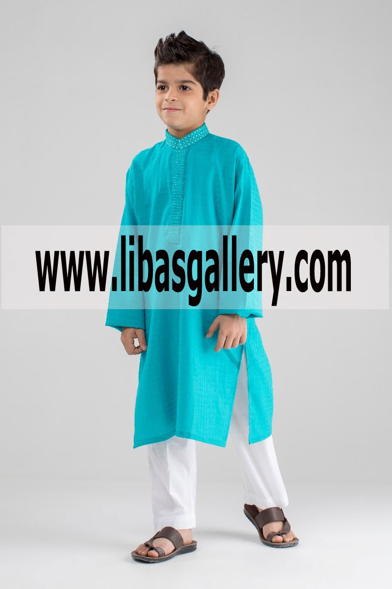 Embroidered Collar Blue kids kurta 