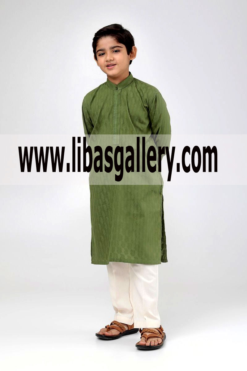 Jacquard Embroidered kurta Olive for boys kids
