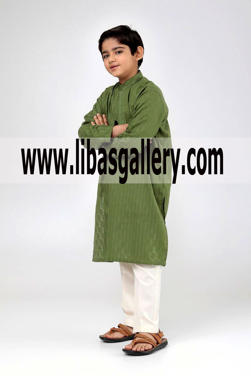 Jacquard Embroidered kurta Olive for boys kids