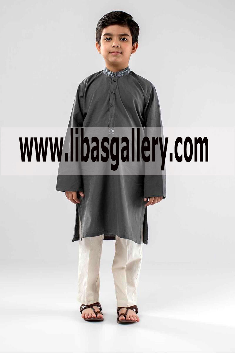Grey Cotton Kids Kurta Shalwar Embroidered 