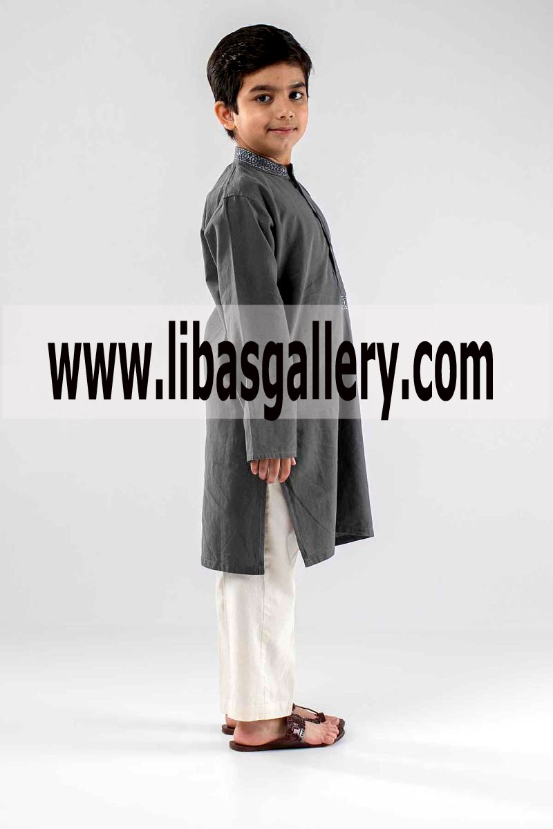 Grey Cotton Kids Kurta Shalwar Embroidered 
