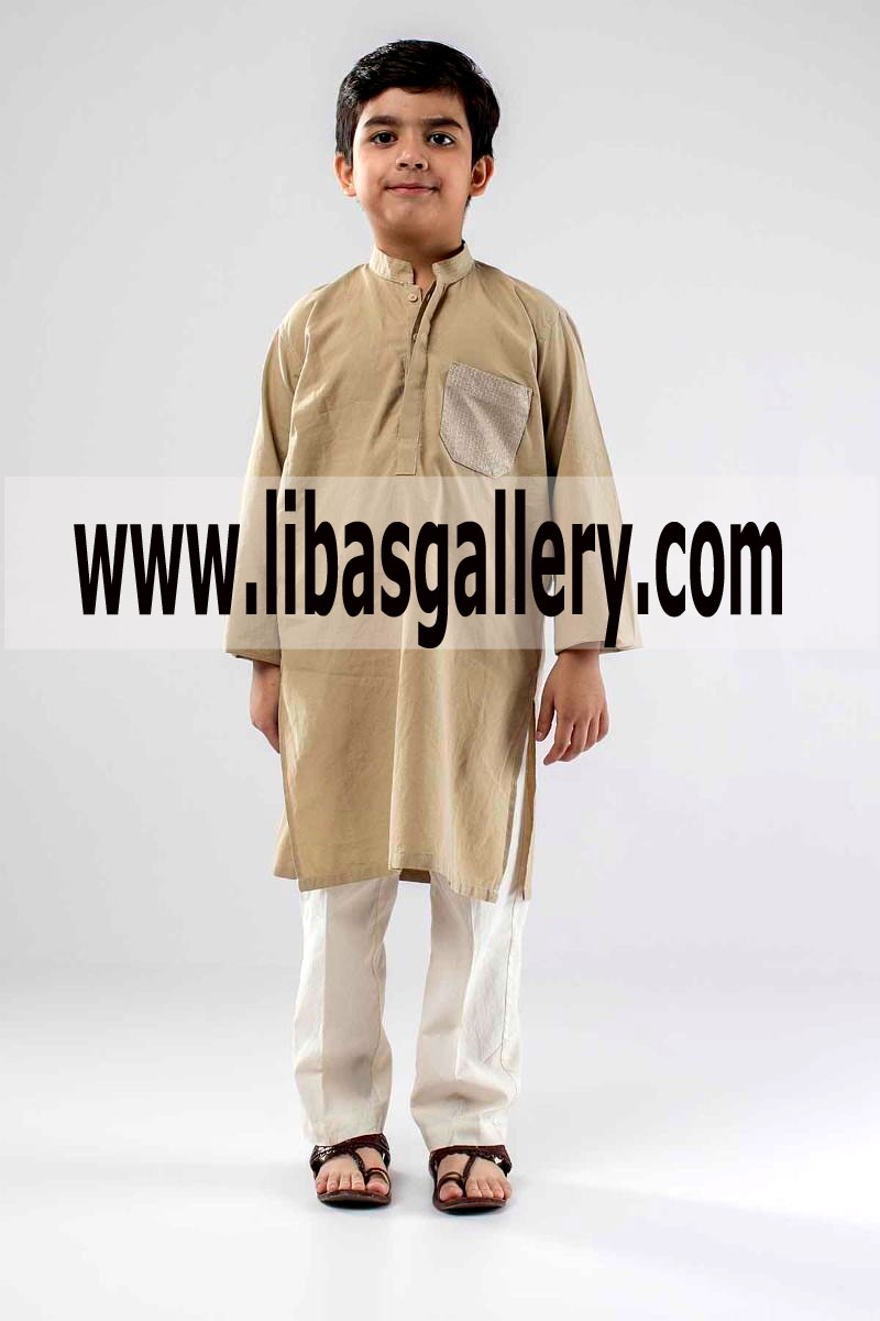 Beige Cotton Kids kurta white pajama 