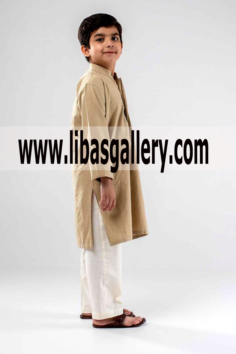 Beige Cotton Kids kurta white pajama 