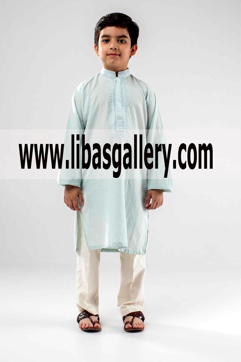 Ice Blue Cotton Self Embroidery kids kurta 