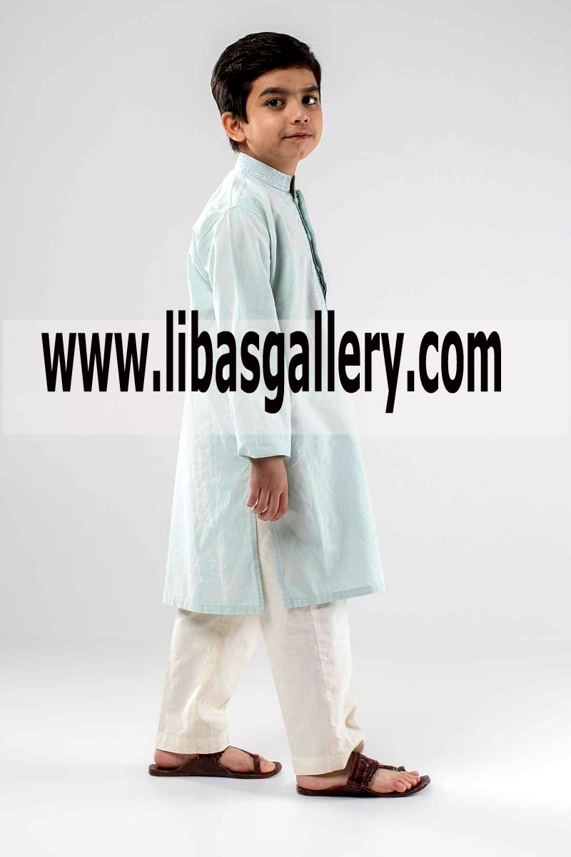 Ice Blue Cotton Self Embroidery kids kurta 