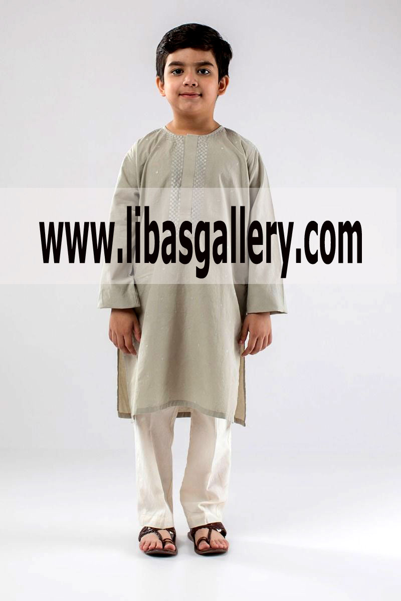 Grey Embroidered kids kurta collar less