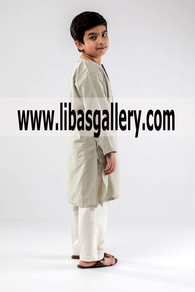 Grey Embroidered kids kurta collar less
