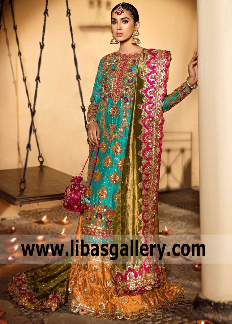 Designer Gharara for Mehndi Bride Indian Pakistani Designer Gharara Newham Milton UK Bridal Ghararas Collection