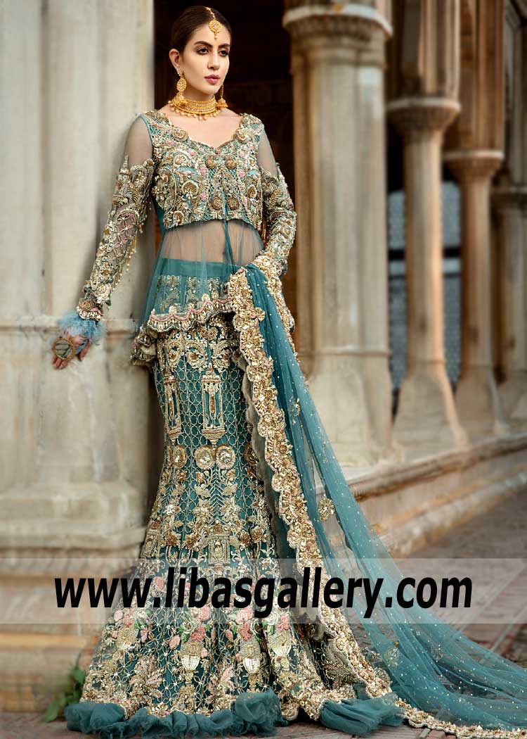 Long Sleeve Illusion Embellished Skobeloff Peplum Lehenga