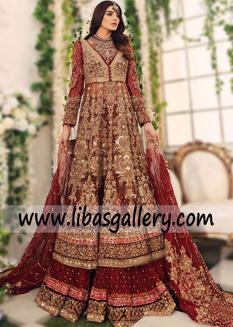 Rust bridal gown with heavily embellished front and maroon jamawar lehenga dupatta with border Toronto Vancouver Canada 