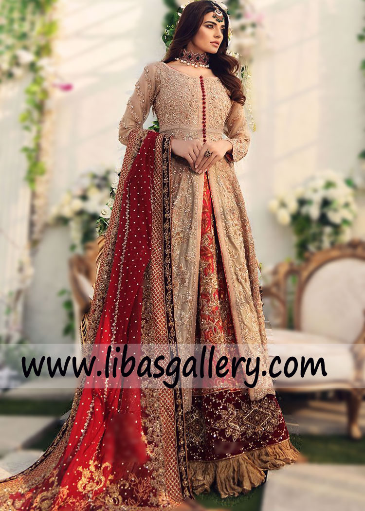 Latest bridal gown for Pious Bride heavy embellished and jamawar lehenga thick border for barat and nikah london birmingham UK