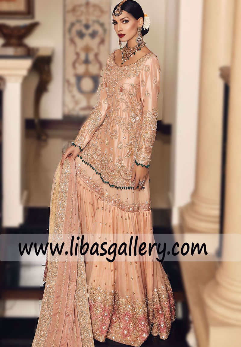 hand sewn Peach chiffon Embellished shirt and Gharara chattapatti gangajamni work bridal dress Shehnai