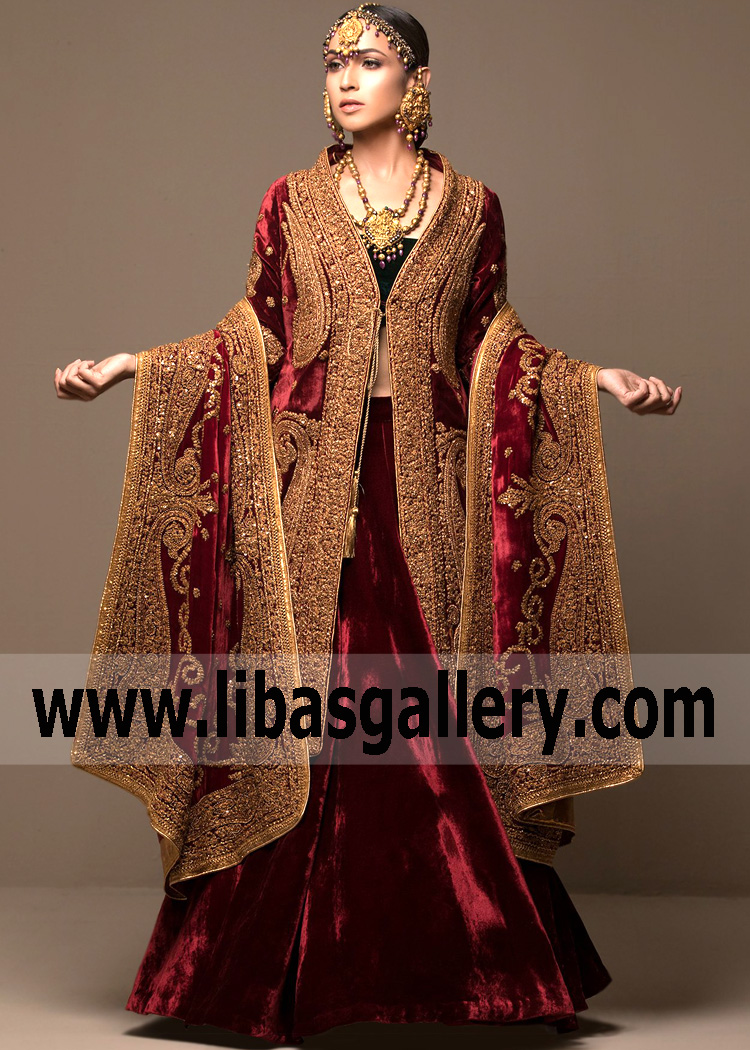 Indian Designer Lehenga Manchester London UK Latest Designer Velvet Lehenga with Marori Coat