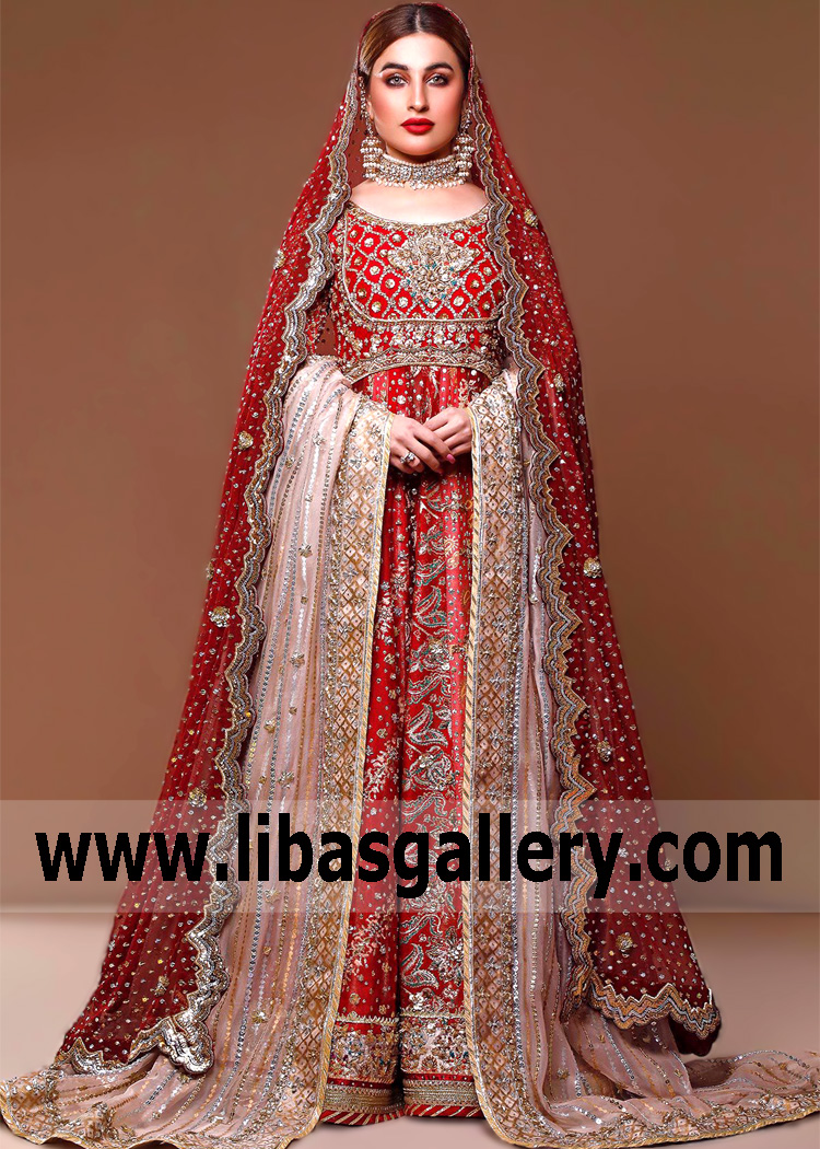 Red Zenobia Pishwas Bridal Dress