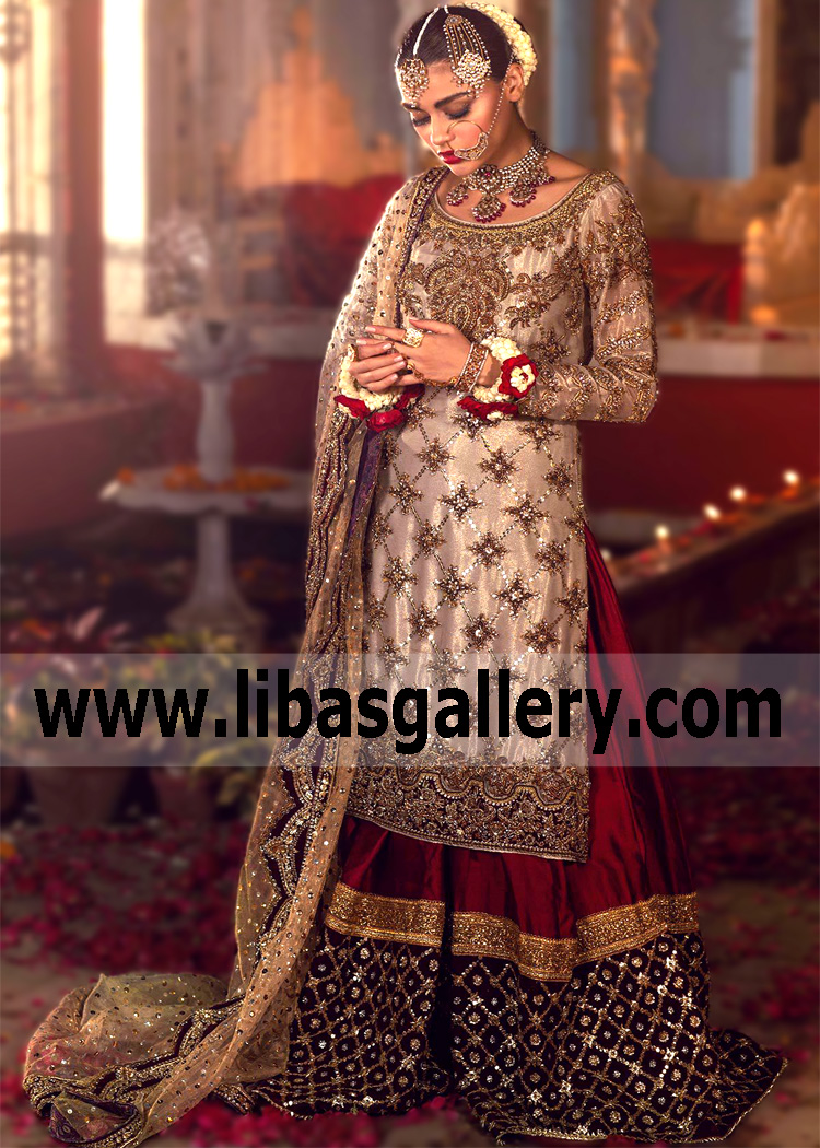 Dull Gold Maroon Fleur Gharara