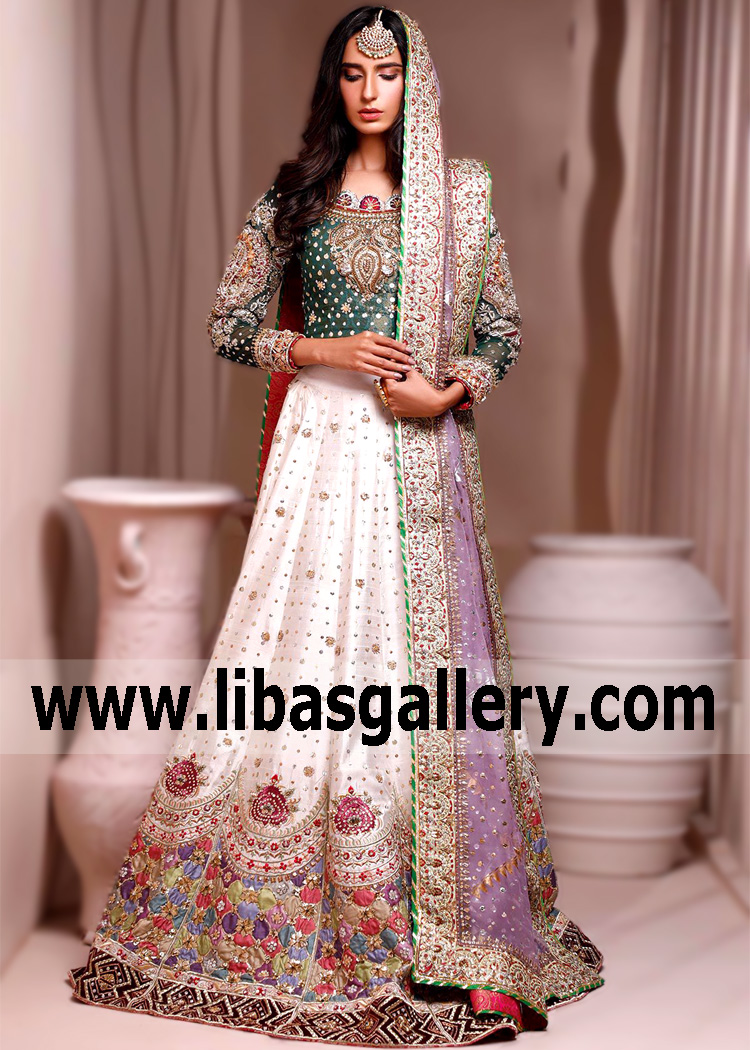 Green Off White Woolly Lehenga